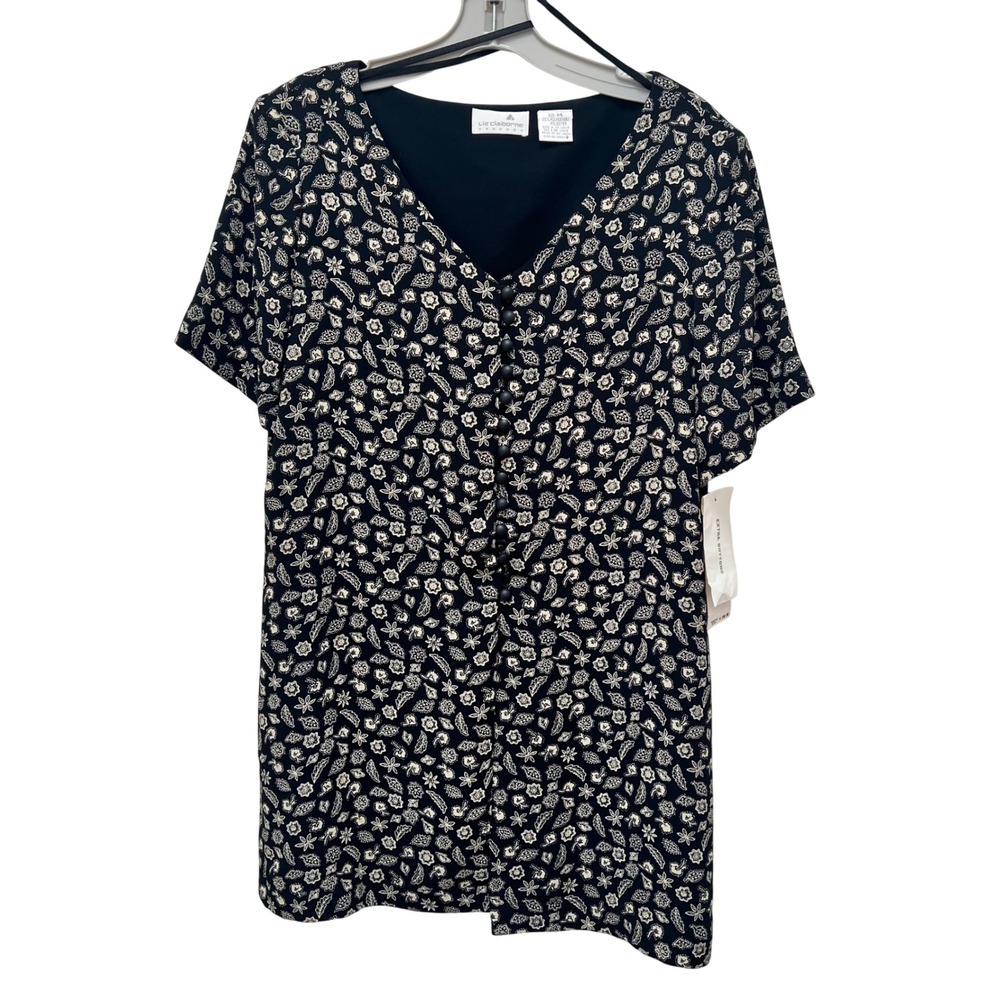 VTG Liz Claiborne Black Floral Print V‎ Neck Button Front Short Sleeve Tunic